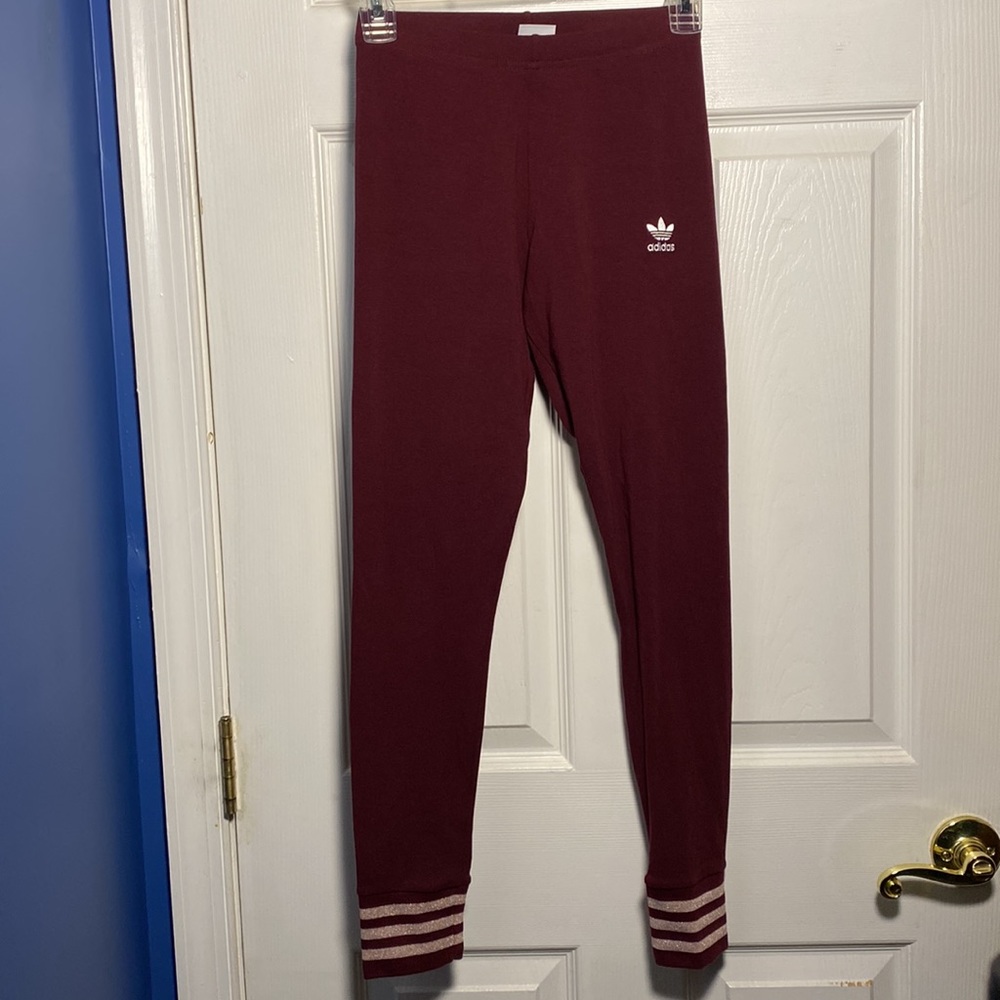 Adidas Jogger Pants with Striped Sparkle Cuffs Burgundy Red XS